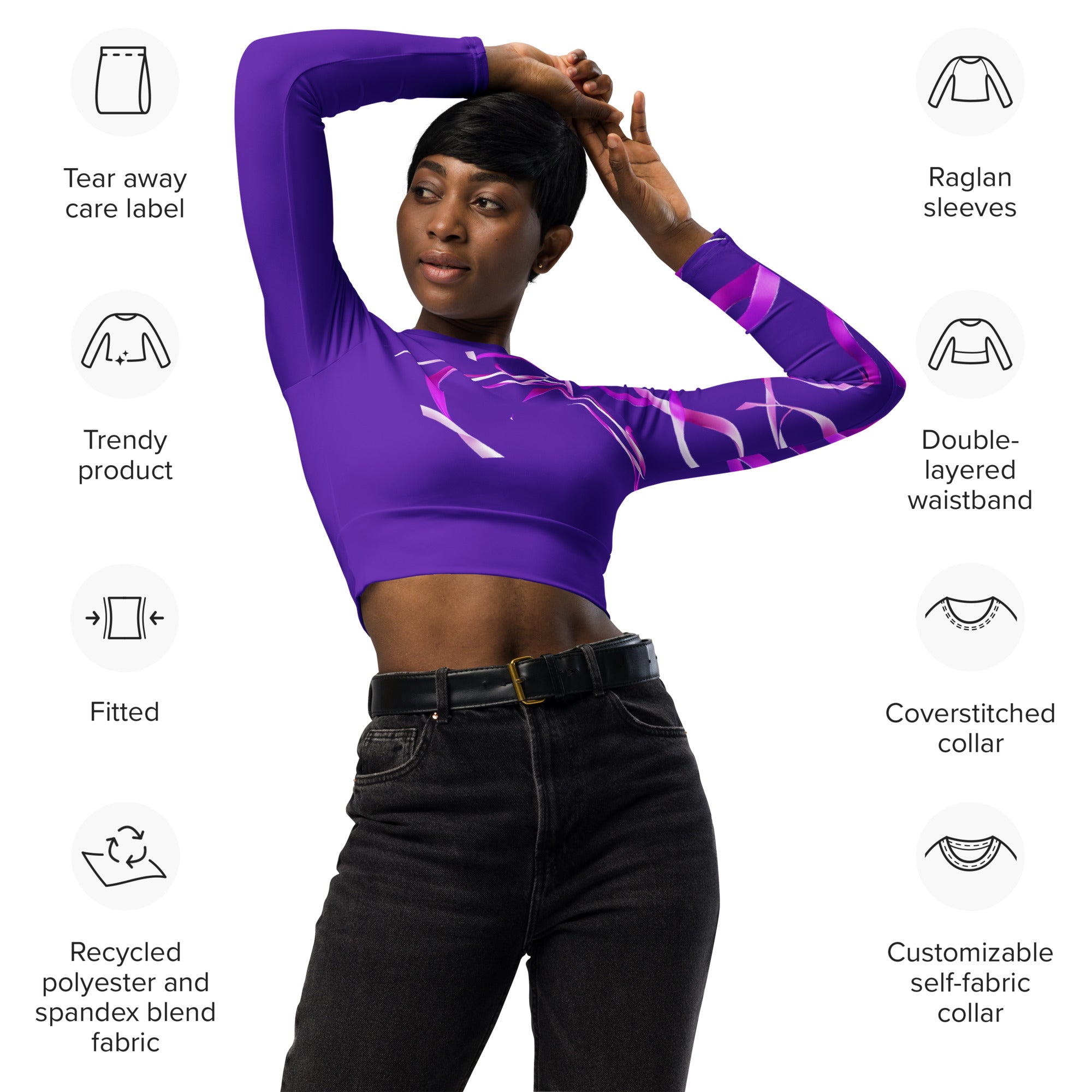 Purple & Pink crop top. Long-sleeved gym or dance top and streetwear. Women's yoga or fitness top. La Danza by WickedYo